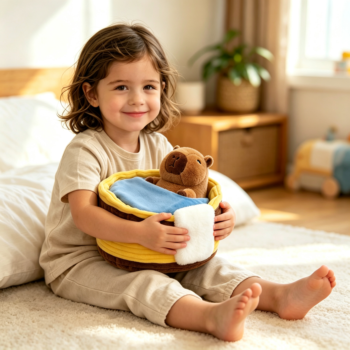 Little Girl Holding Bathtub Capybara Plush Toy, Soft Kids Companion Stuffed Animal For Daily Play