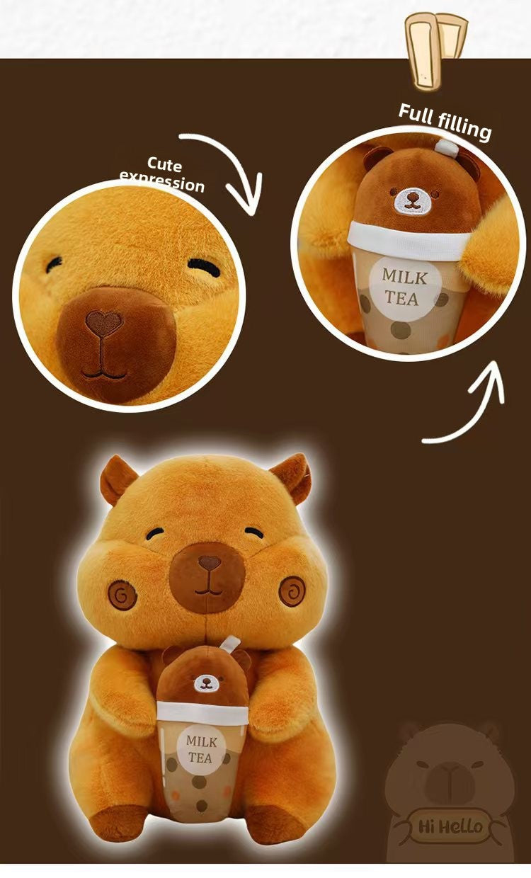 Detailed macro shot showing the cute sleeping expression and full cotton filling on the orange boba capybara plush