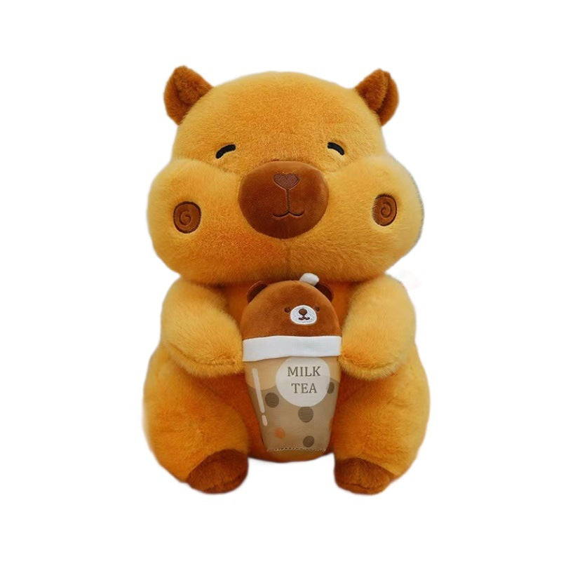 Orange boba milk tea capybara plush toy holding a bear bubble tea cup on a white background