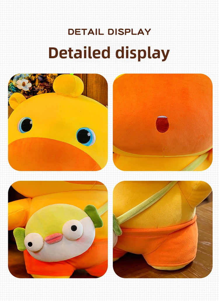 Detail display collage of yellow orange capybara stuffed animal, eyes, mouth, crossbody bag and shorts close‑up