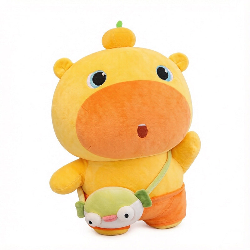 Cute yellow‑orange capybara plush toy with mini fish crossbody bag, white background