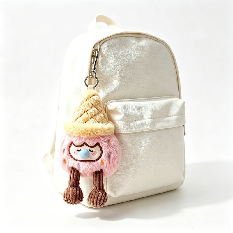 Pink ice cream cone plush keychain hanging on mini white backpack, cute bag charm for girls everyday carry
