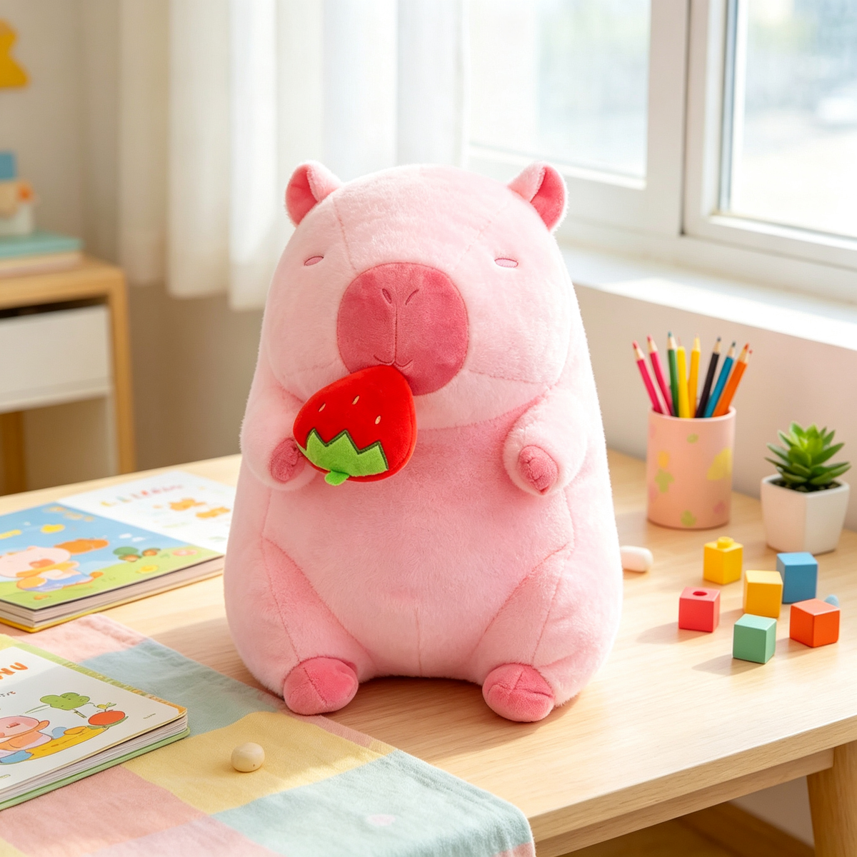 Pink capybara plush toy displayed on bright kids wooden study desk, cute bedroom home decor stuffed figure