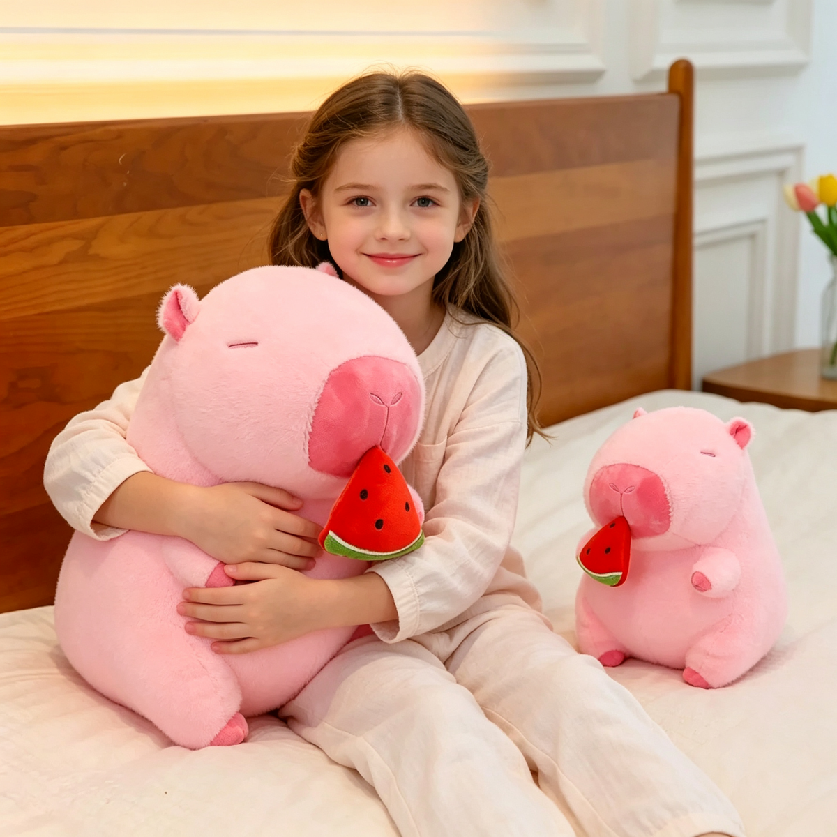 Little american girl hugging pink capybara plush toy on cozy bed, kids bedroom companion stuffed animal