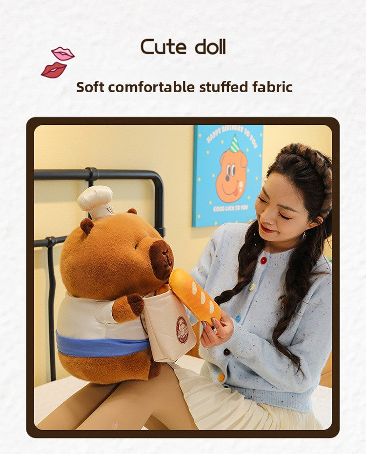 A girl hugging and playing with the cute bread capybara plush toy 