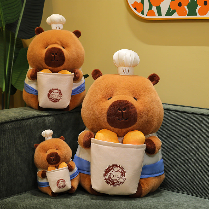 Different sizes of cute bread capybara plush toys displayed together 
