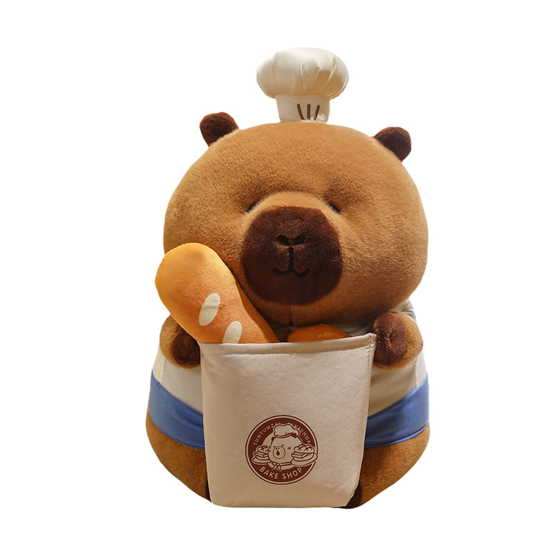 Kawaii bread capybara plush toy wearing a chef hat and holding a French baguette