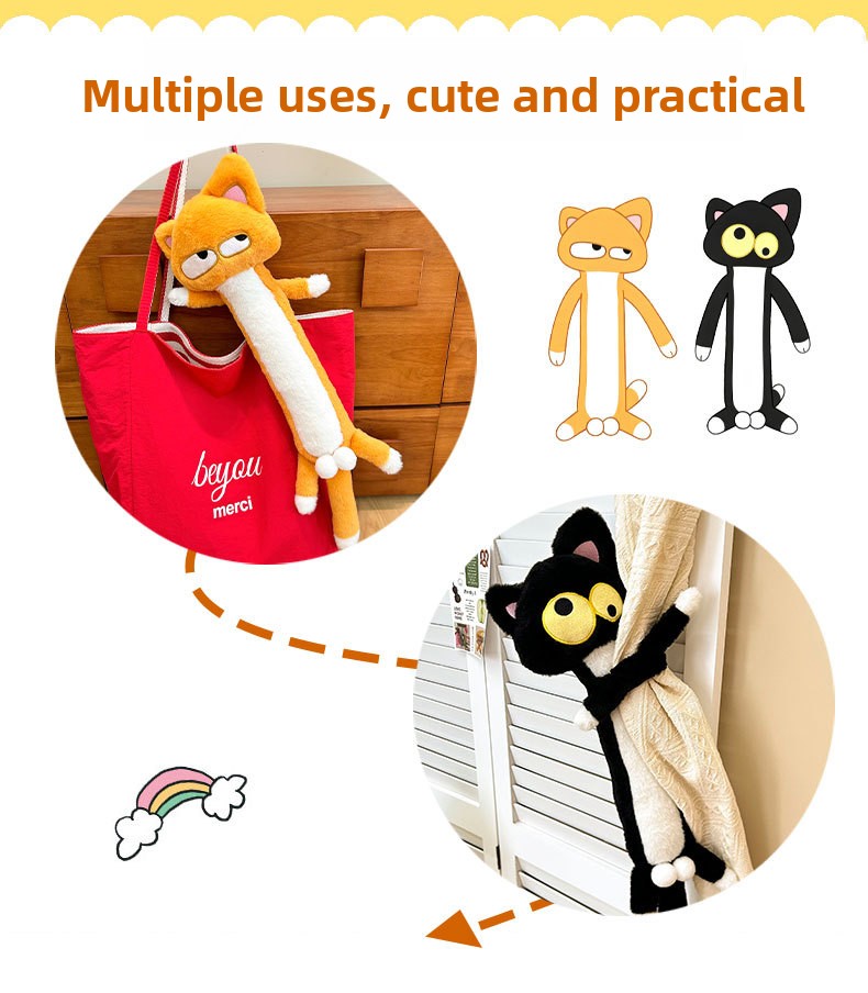 Funny quirky cat plush toy used as bag charm and curtain tieback multi-purpose room decor