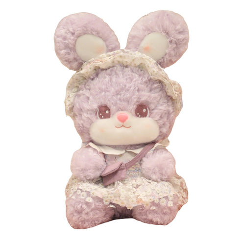 Purple curly stuffed bunny doll sitting in daisy lace Lolita dress and tiny crossbody bag, white background product shot