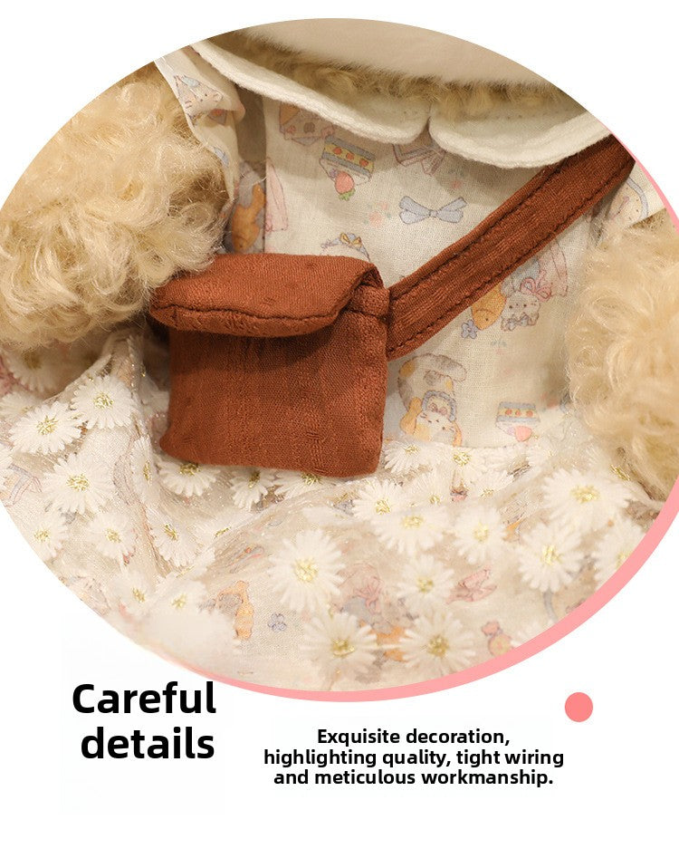 Close-up detail of mini crossbody bag and daisy-lace floral dress on purple stuffed bunny plushie, tight stitching quality