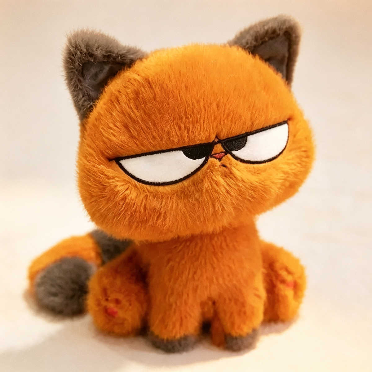 Mad orange cat plushie, sassy grumpy‑faced fluffy stuffed kitten toy