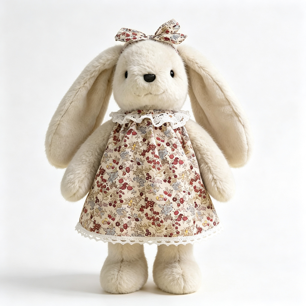  Cute stuffed bunny in vintage berry floral lace dress, soft long floppy ear bunny plush toy