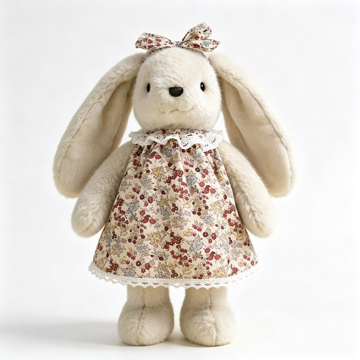  Cute stuffed bunny in vintage berry floral lace dress, soft long floppy ear bunny plush toy