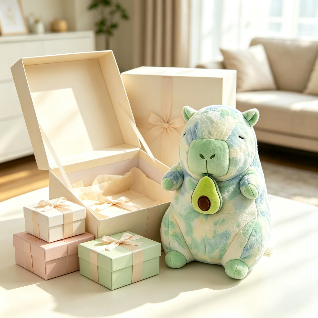 Tie‑Dye Avocado‑Holding Capybara Plush Toy, Cute Decorative Stuffed Figure surrounded by bow gift boxes for holiday gifting