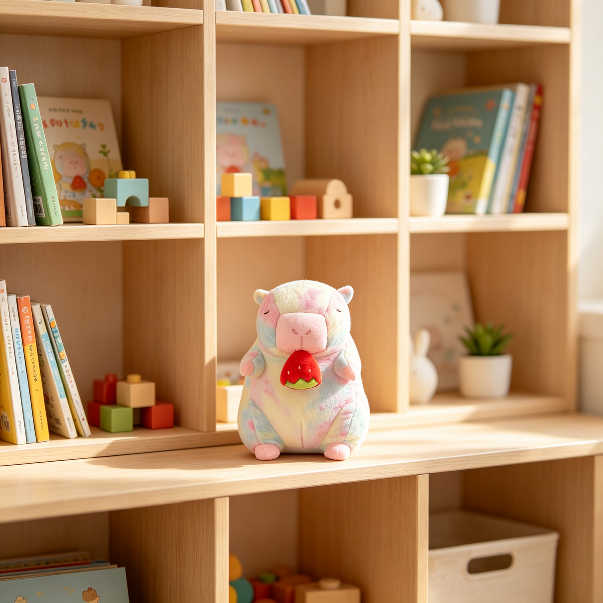 Tie‑Dye Strawberry‑Holding Capybara Plush Toy, Cute Decorative Stuffed Figure on kids‑room wooden bookshelf
