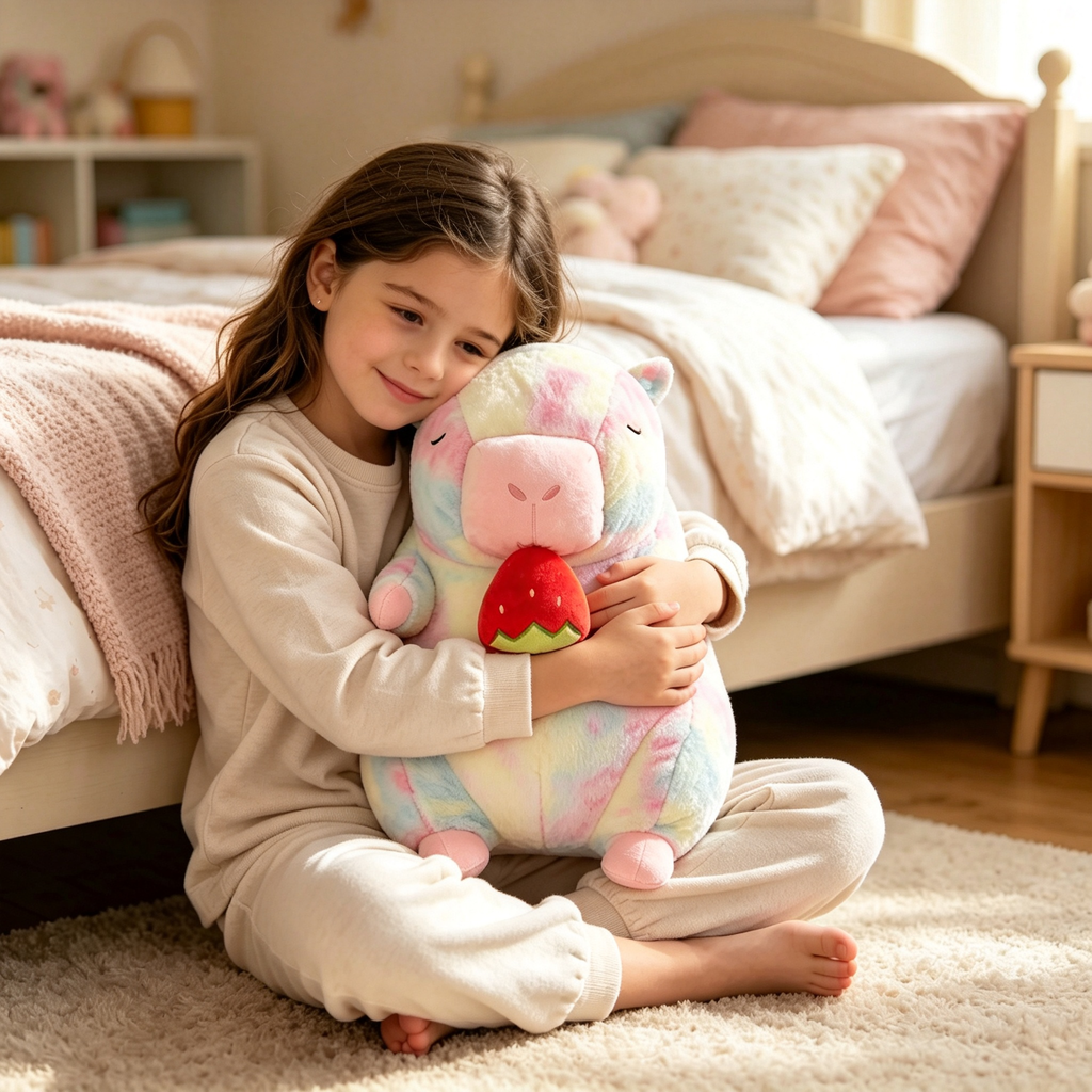 Tie‑Dye Strawberry‑Holding Capybara Plush Toy, Cute Decorative Stuffed Figure as soft childhood companion for little gir