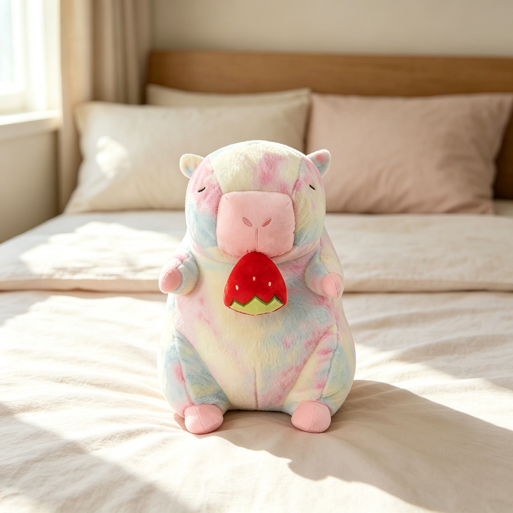 Tie‑Dye Strawberry‑Holding Capybara Plush Toy, Cute Decorative Stuffed Figure placed on tidy bedroom bed