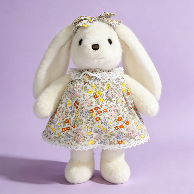 White stuffed bunny in bright wildflower print lace dress, adorable long floppy ear bunny plushie